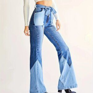 Denim Cotton Patchwork Hi-Waist Flared Blue Jeans